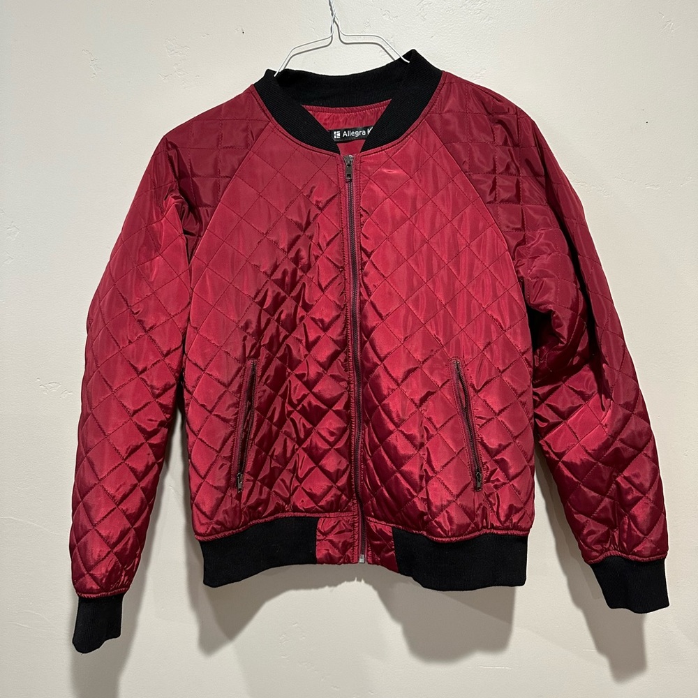 Allegra K dark red quilted bomber with black trim